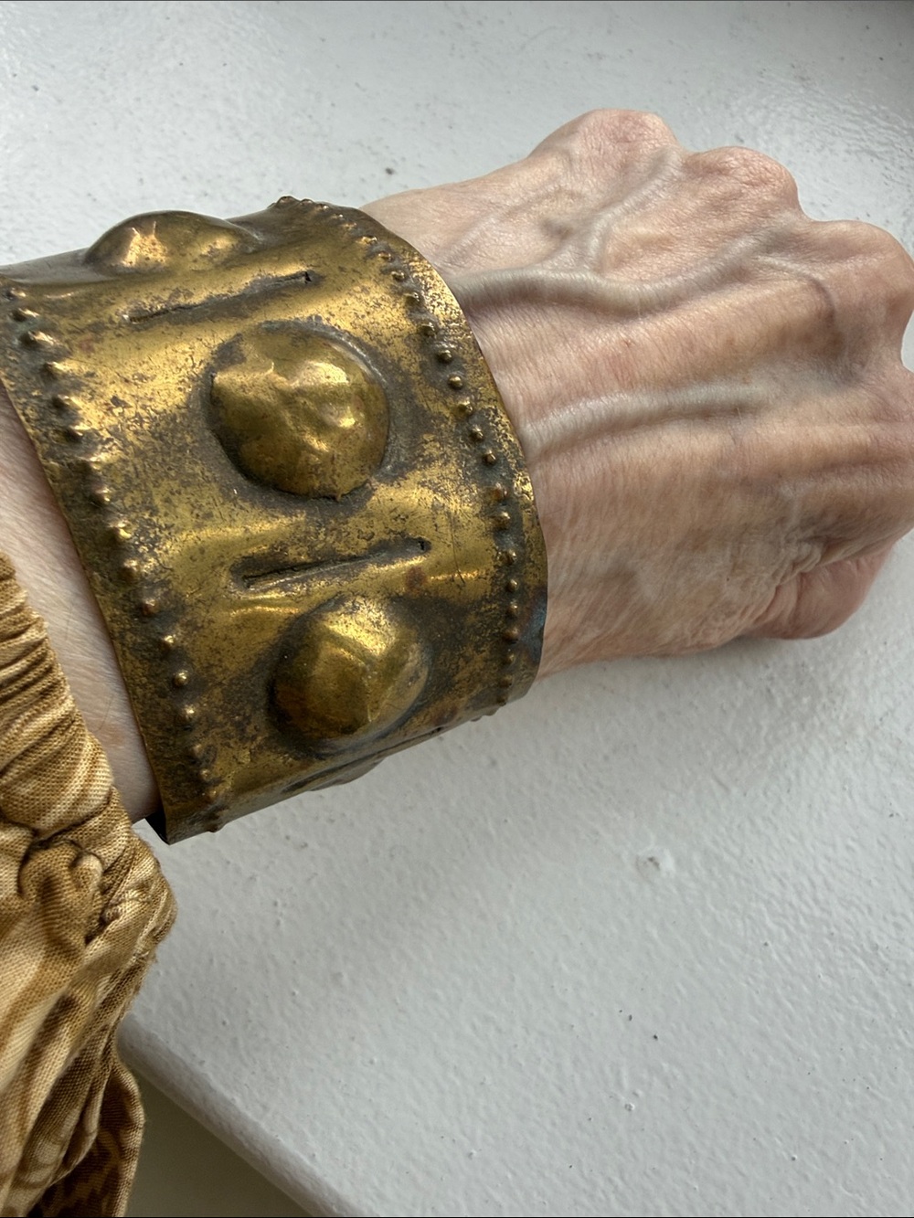 Wide Brass Toned Metal Cuff Bracelet with Raised Studs & Beaded Border.